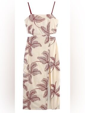 NWT Zara Cut Out Embroidered Leaves Cut Put Tassel Trim High Slit Midi Dress S